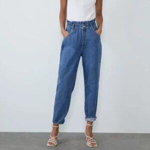 Zara Paperbag Waist Straight Leg Baggy Jeans Size 10 Trendy Denim